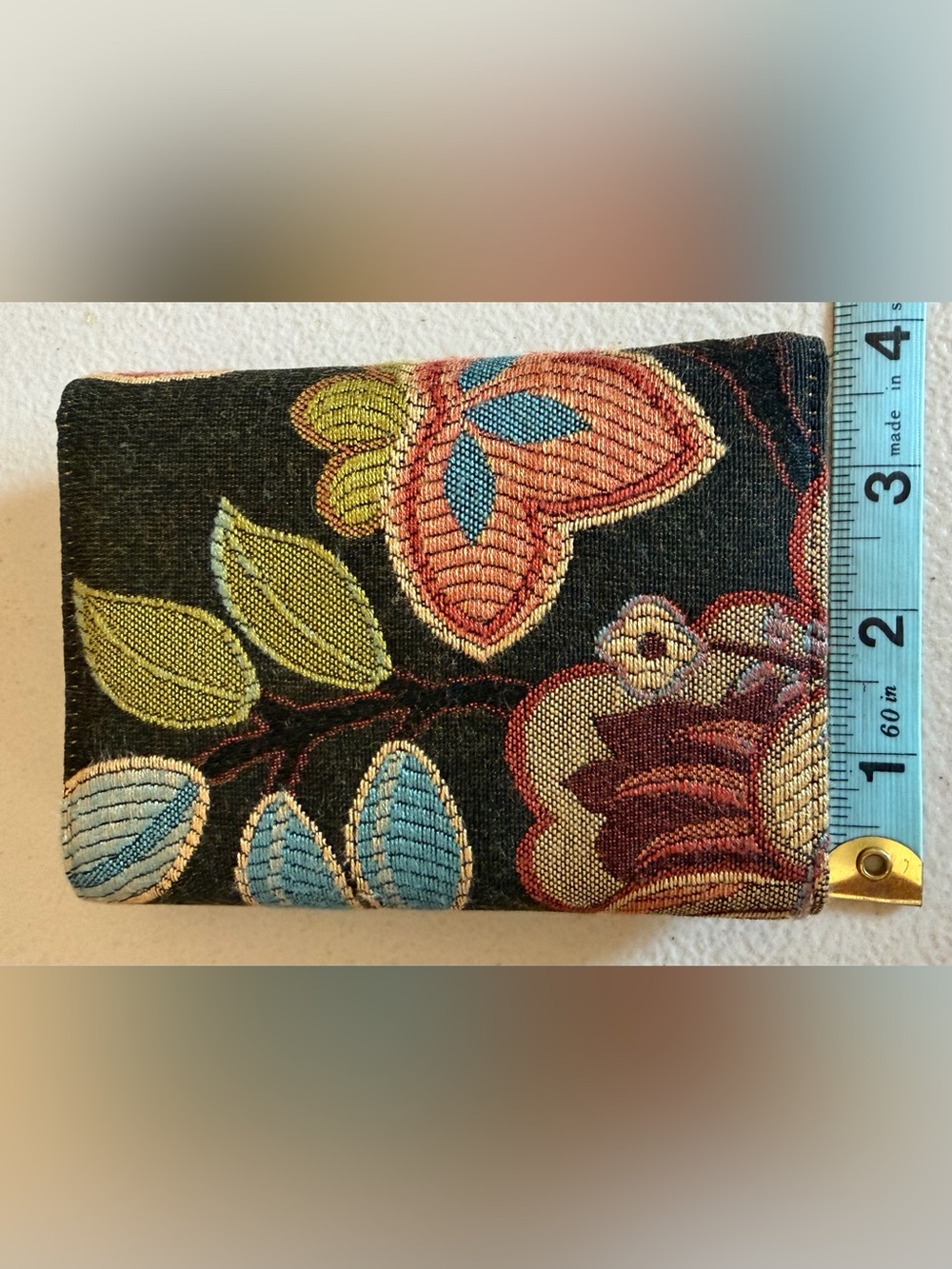 Floral Embroidered Wallet 3 Panel in Black with Multicolor Blooms